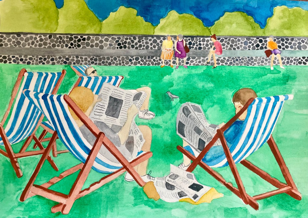 Reading the Sunday papers in the park in Bournemouth, England